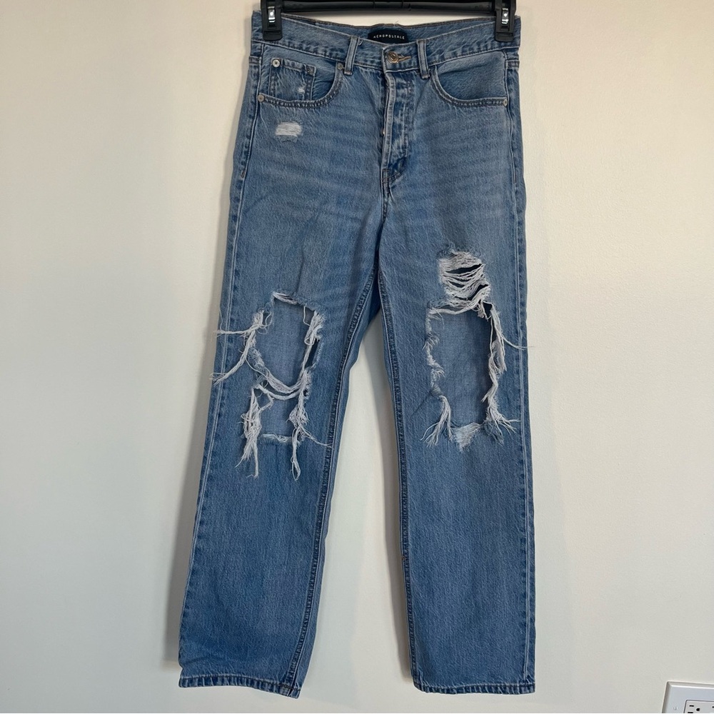 Aeropostale 90's Baggy Button Fly Distressed Women's size 4 Blue Denim Jeans